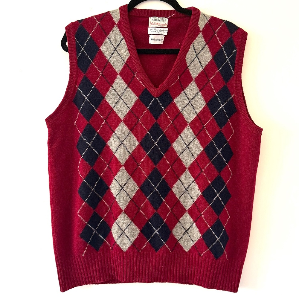 H. Herzfeld VINTAGE Scottish Lambs Wool Argyle Grandpa Vest Preppy Academia Men>